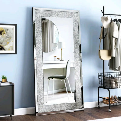 LUVODI Large Silver Sparkly Crystal Rhinestone Diamond Frameless Vanity Mirrors Wall Mounted Dressing Mirror for Home/Hotel