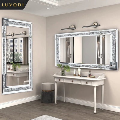 LUVODI Large Silver Sparkly Crystal Rhinestone Diamond Frameless Vanity Mirrors Wall Mounted Dressing Mirror for Home/Hotel