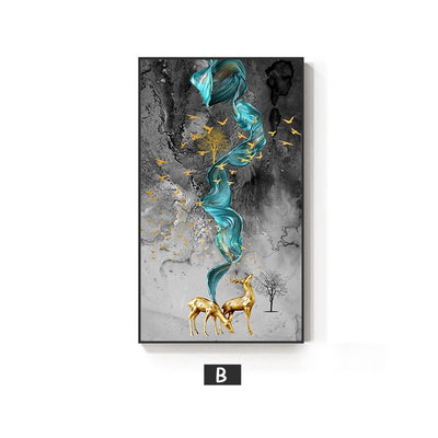 Abstract Golden Deer Paintings Wall Pictures Modern Canvas Painting Blue Poster Print Wall Art For Living Room Bedroom Nordic