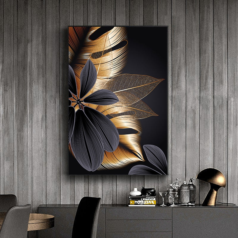 Black Golden Plant Leaf Canvas Poster Print Modern Home Decor Abstract Wall Art Painting Nordic Living Room Decoration Picture - crib360